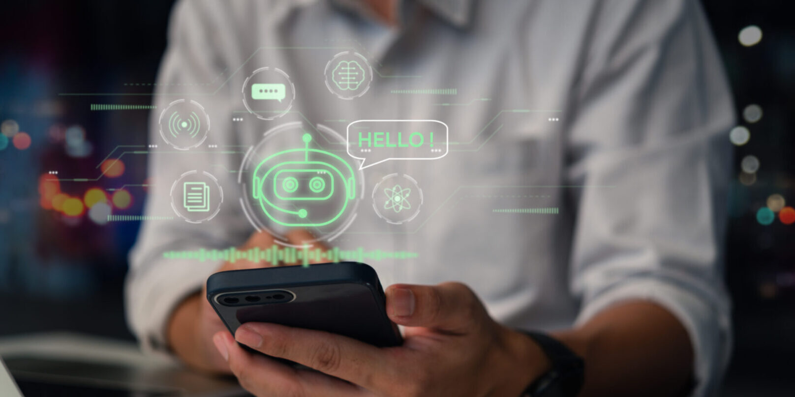 ChatGPT Chat with AI or Artificial Intelligence. Digital chatbot, robot application, OpenAI generate. Futuristic technology, Man using smartphone and computer on virtual screen.