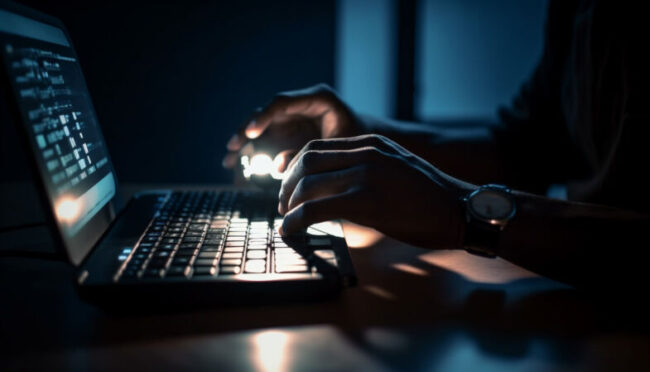 One person typing on laptop in dark office generated by AI